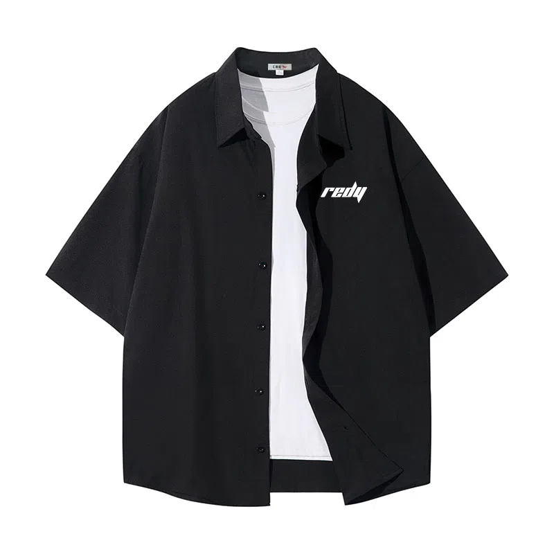 红蜻蜓 美式高街基础纯色复古简约字母宽松休闲落肩百搭经典短袖衬衫 男女同款