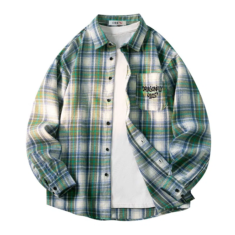 红蜻蜓 格子条纹翻领宽松舒适百搭休闲长袖衬衫 男女同款