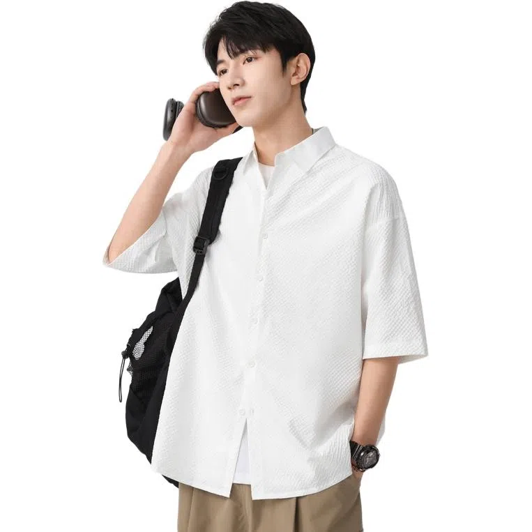 袋鼠 简约纯色宽松休闲百搭短袖衬衫 男女同款