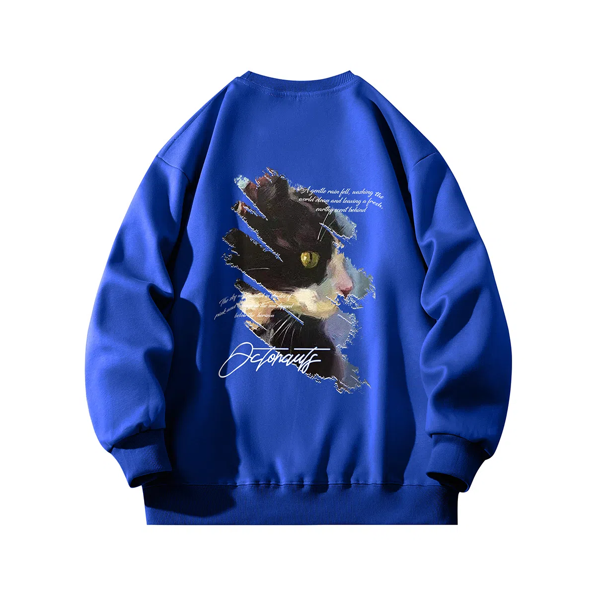 海底小纵队 美式复古猫英文品牌涂鸦印花重磅圆领落肩卫衣 男女同款