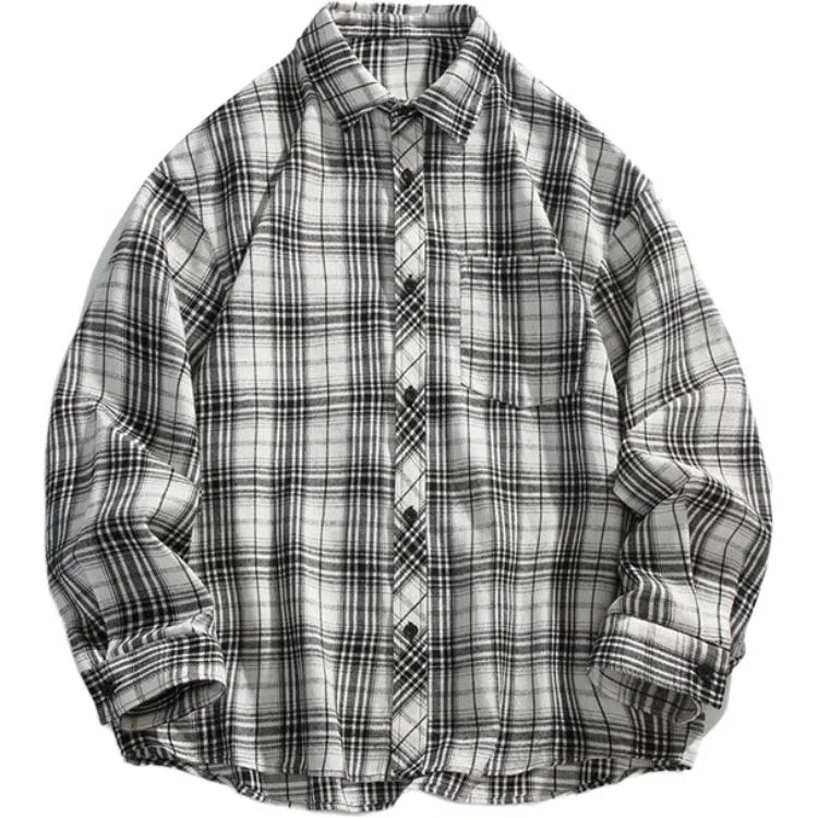 颂希尔 韩版复古格子翻领长袖衬衫 男女同款