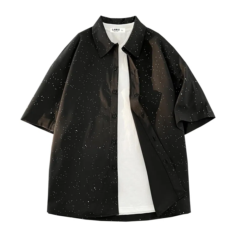 兰缪 美式复古高街风纯色基础款满天星宽松休闲日常百搭通勤学生党圆领重磅短袖衬衫 男女同款