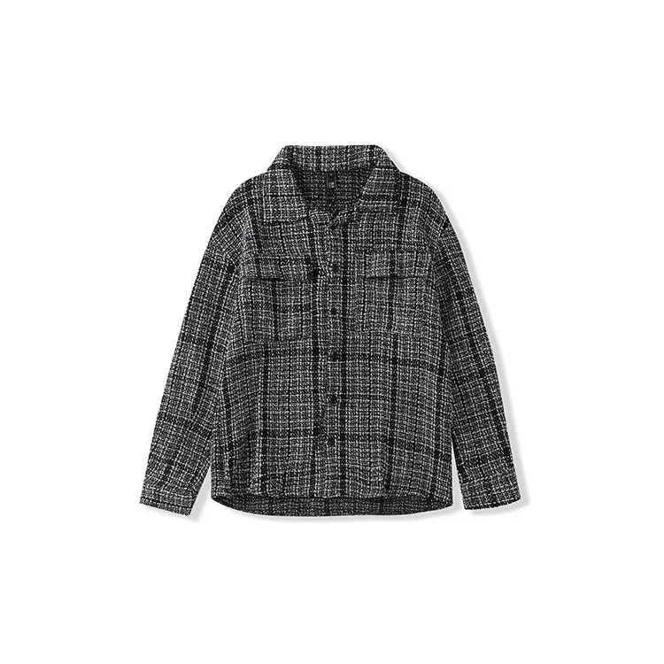 我是大卫 复古小香风编织格子休闲长袖衬衫 男女同款 灰色格子