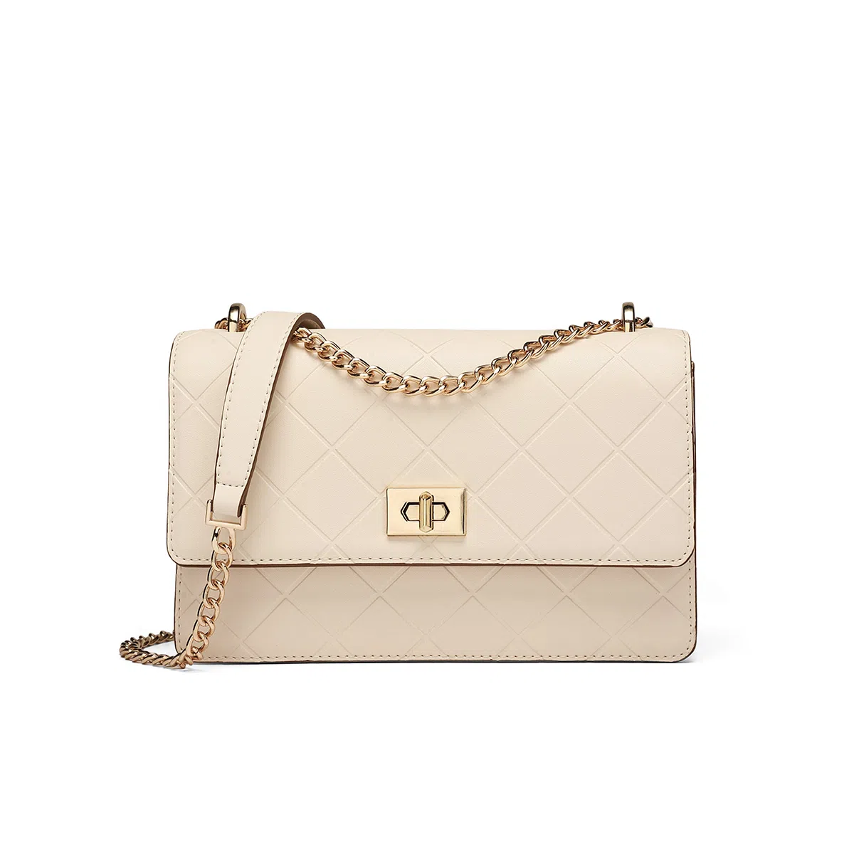 稻草人 优雅百搭小香风菱格链条包 牛皮 腋下单肩斜挎包 女款 黑色/米白