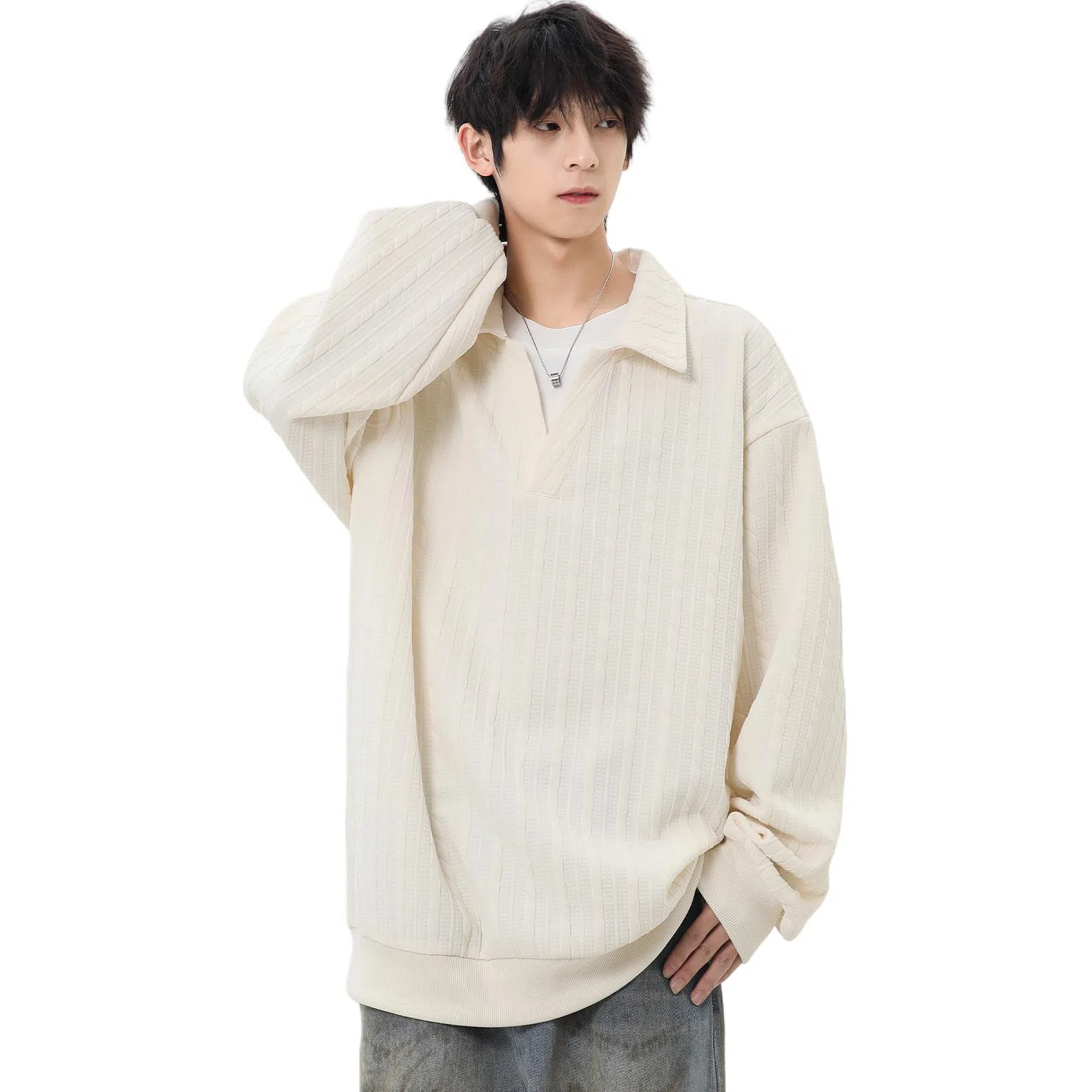 木林森 休闲假两件麻花纹设计翻领设计套头条纹长袖衬衫 男女同款