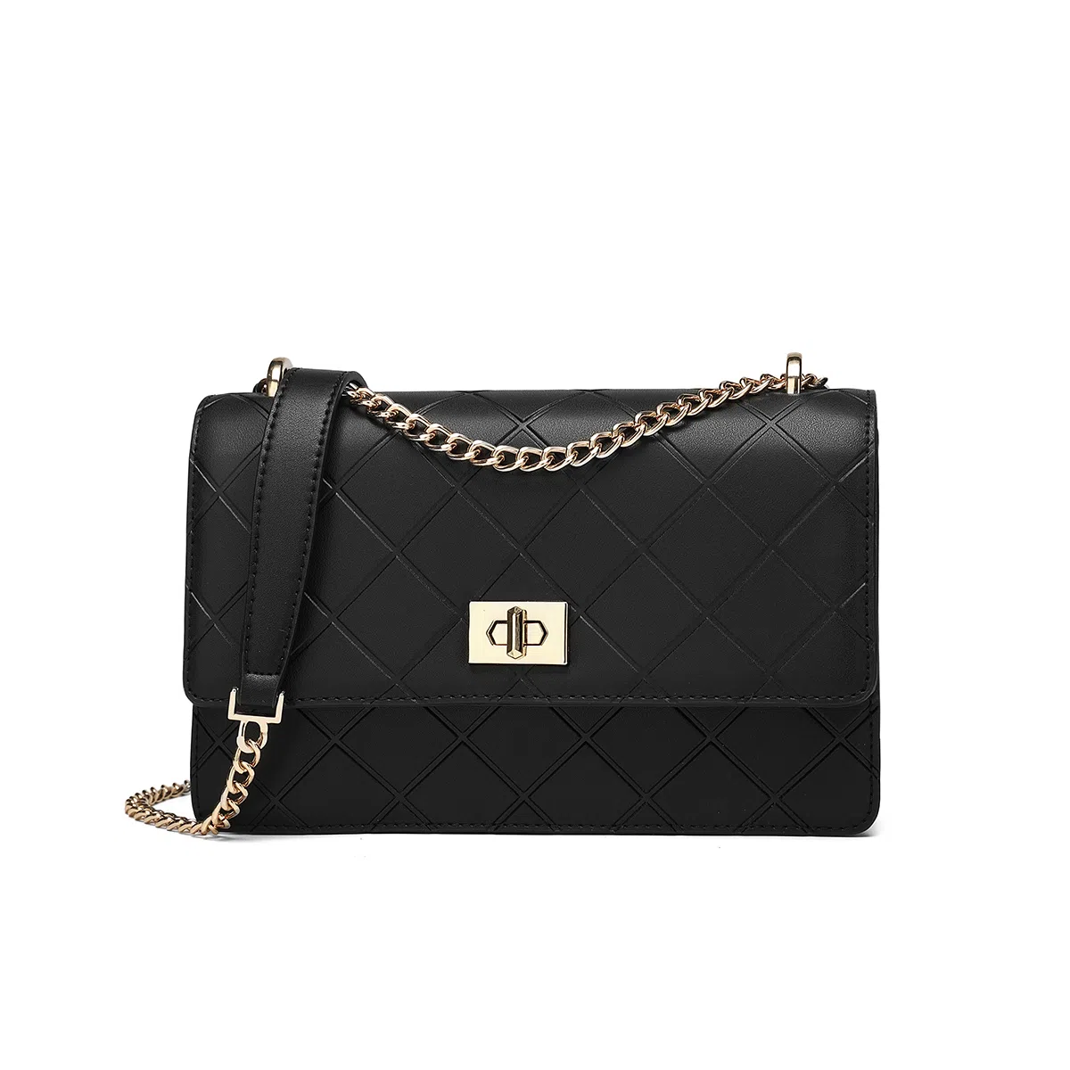 稻草人 优雅百搭小香风菱格链条包 牛皮 腋下单肩斜挎包 女款 黑色/米白