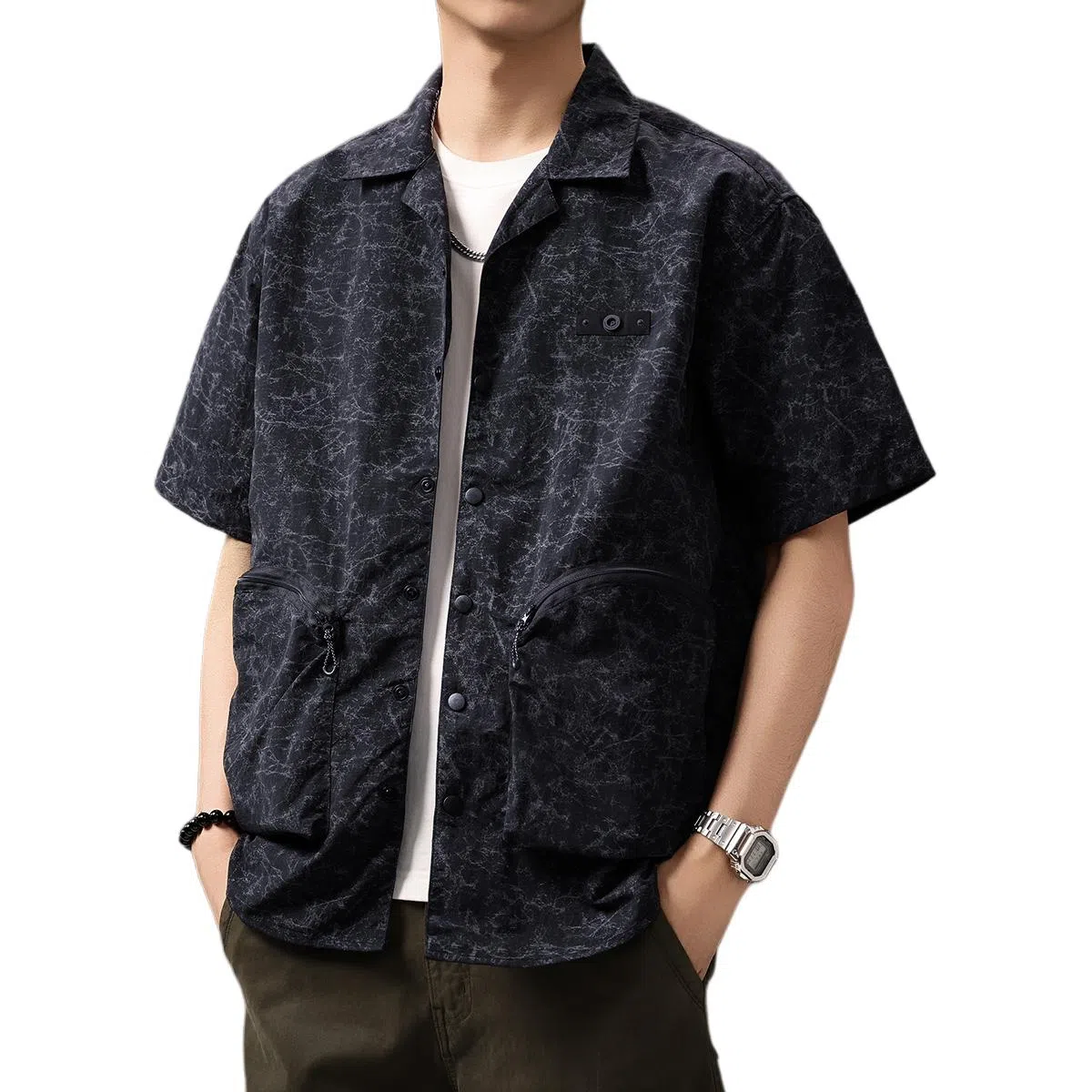 贵色 高端日系复古云染设计个性口袋短袖户外口袋个性扎染衬衫 男女同款