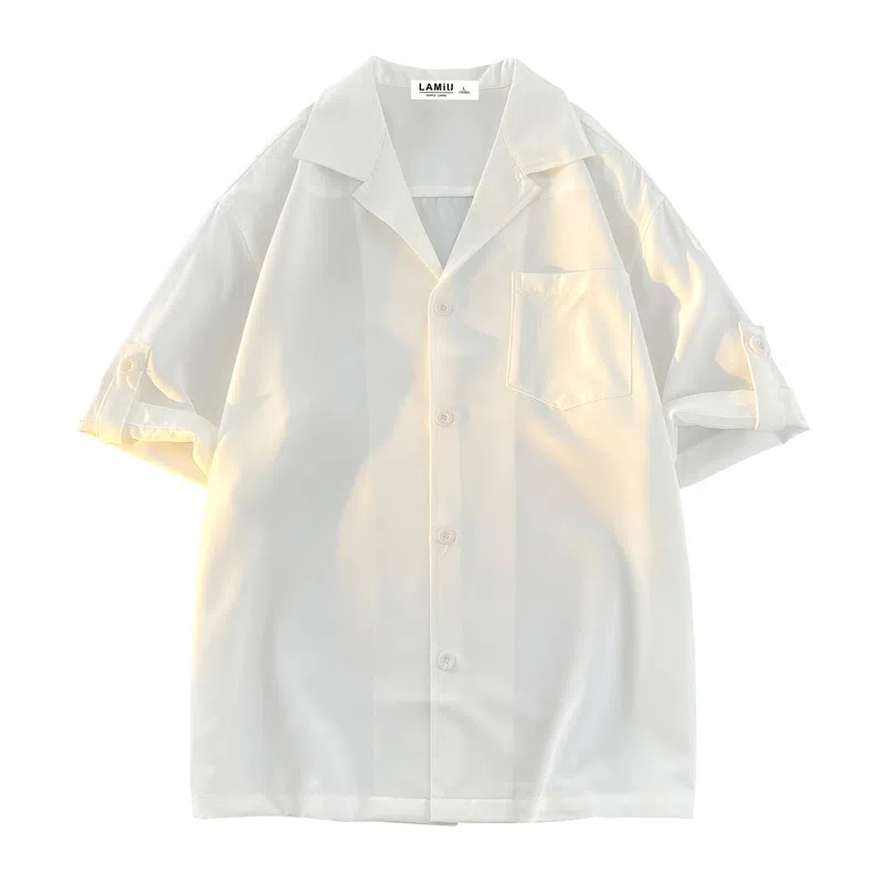 兰缪 美式复古高街风纯色基础款休闲透气宽松日常百搭通勤亲肤舒适柔软圆领短袖衬衫 男女同款