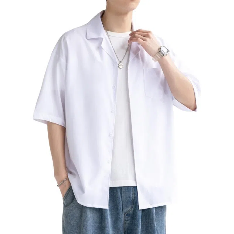 袋鼠 美式复古基础款简约纯色宽松休闲单排扣轻薄透气凉感翻领短袖衬衫 男女同款