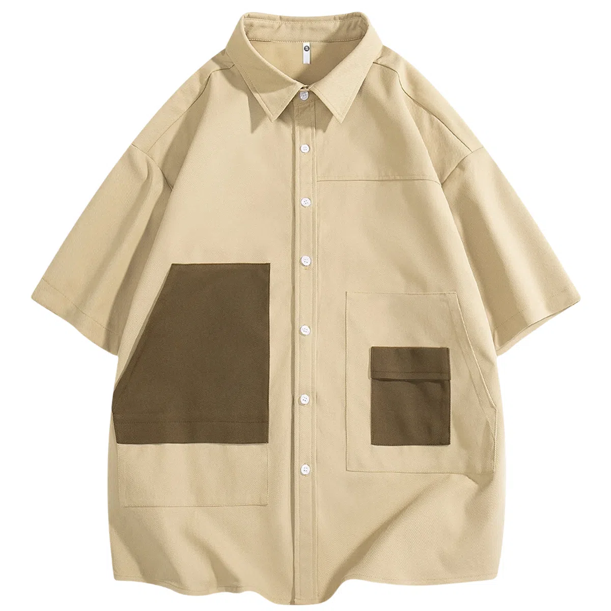 快鱼 美式拼接工装设计感潮牌时尚宽松休闲百搭短袖翻领衬衫 男女同款