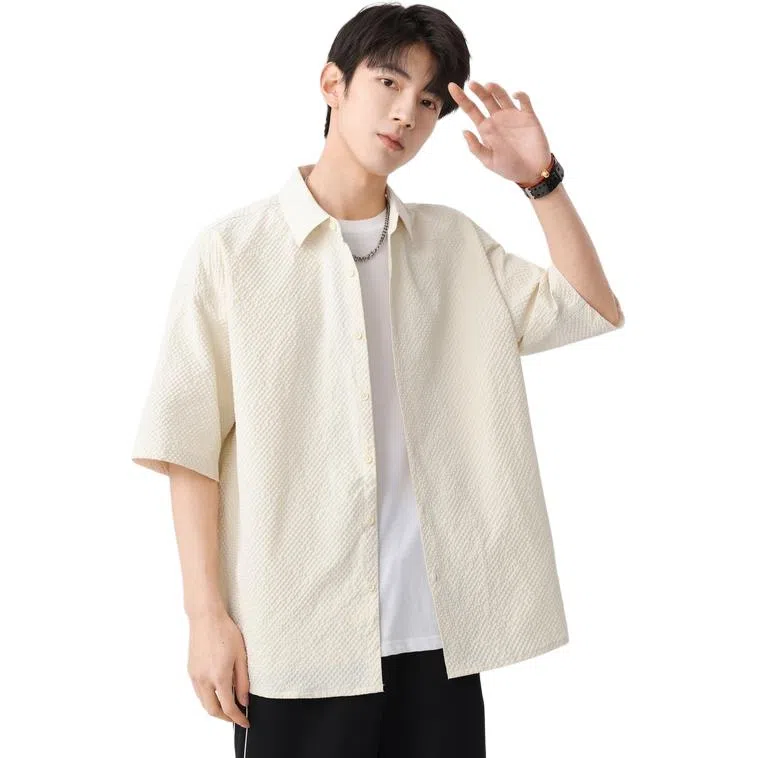 袋鼠 简约纯色宽松休闲百搭短袖衬衫 男女同款