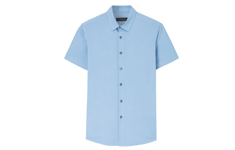 才子 尖领纯色单排扣休闲短袖衬衫 男款 海水蓝