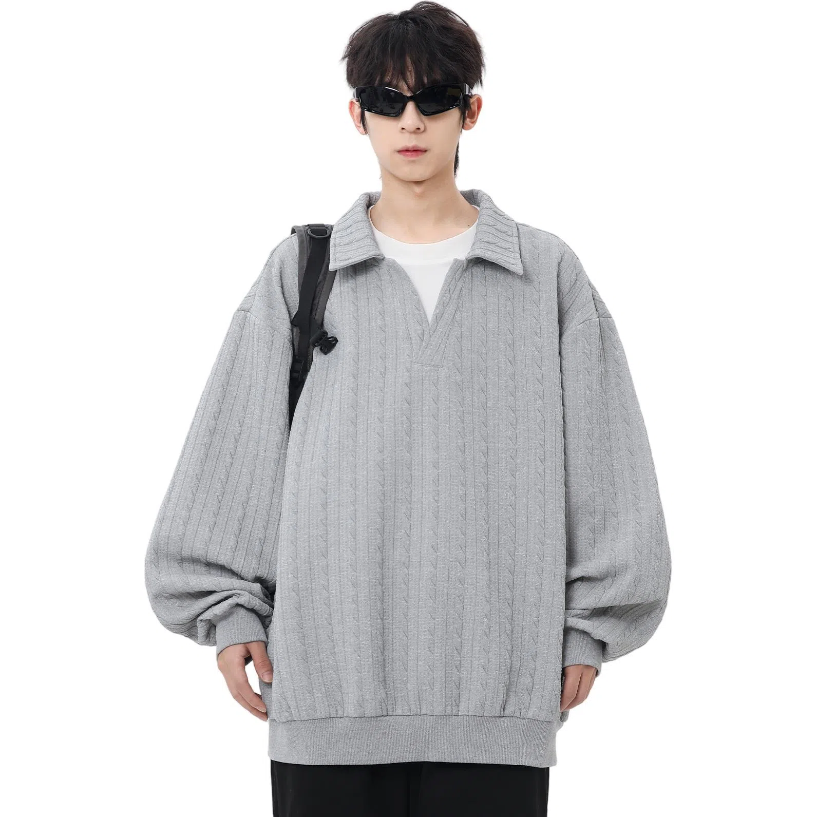 木林森 休闲假两件麻花纹设计翻领设计套头条纹长袖衬衫 男女同款