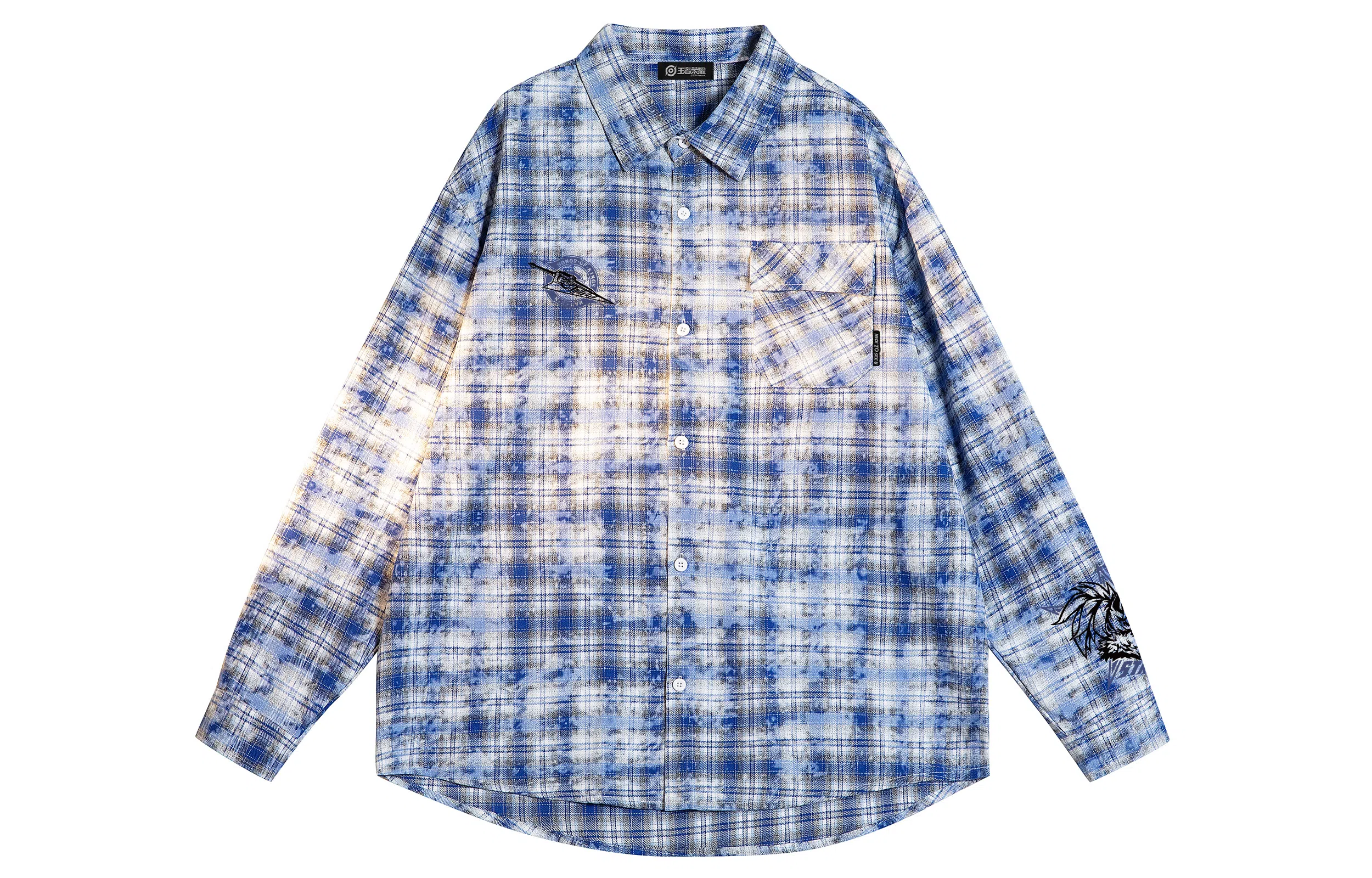 王者荣耀 韩信款 美式复古扎染格子经典格纹翻领单排扣小衫休闲宽松简约百搭长袖衬衫 男女同款