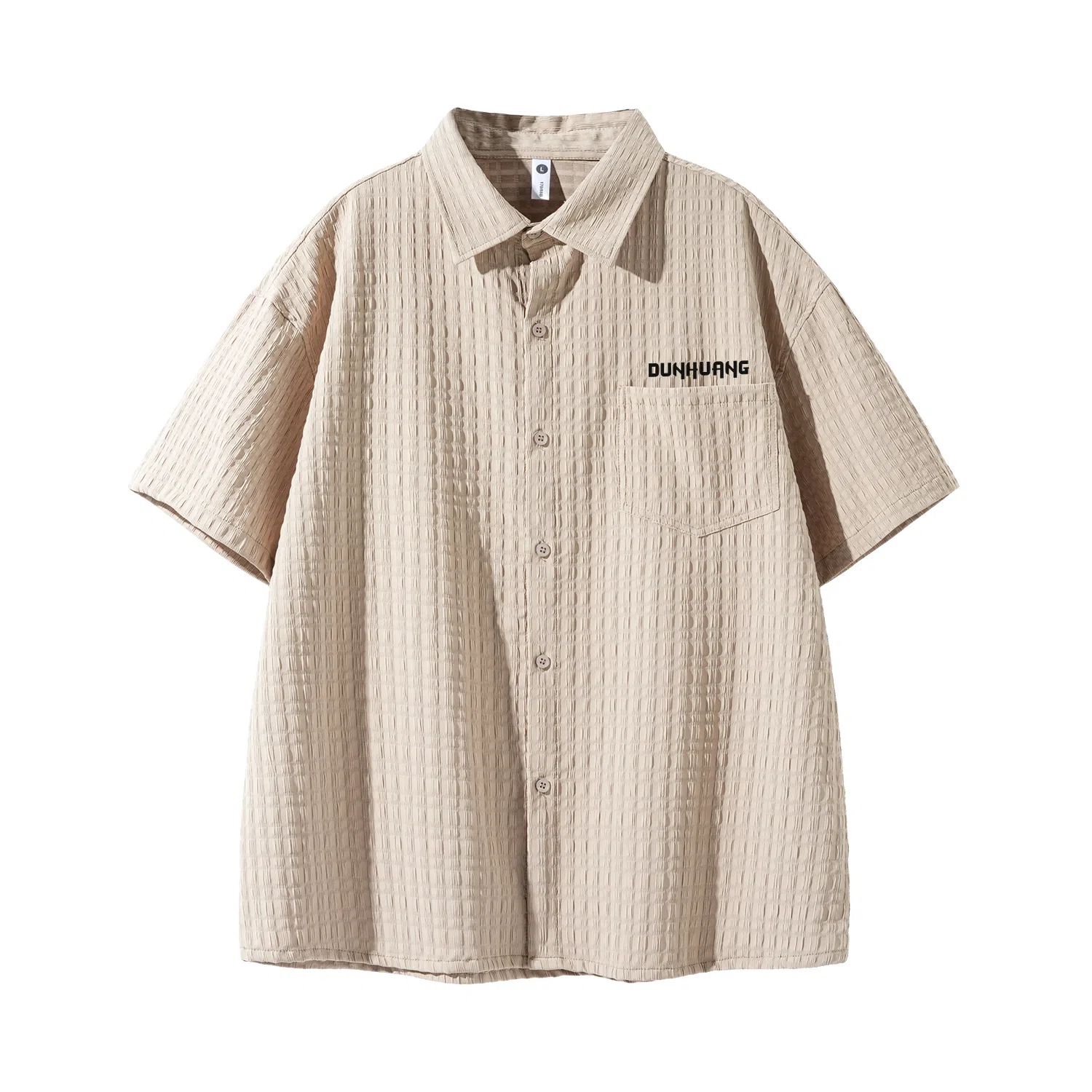 敦煌博物馆 日系简约华夫格字母舒适透气宽松百搭短袖衬衫 男女同款