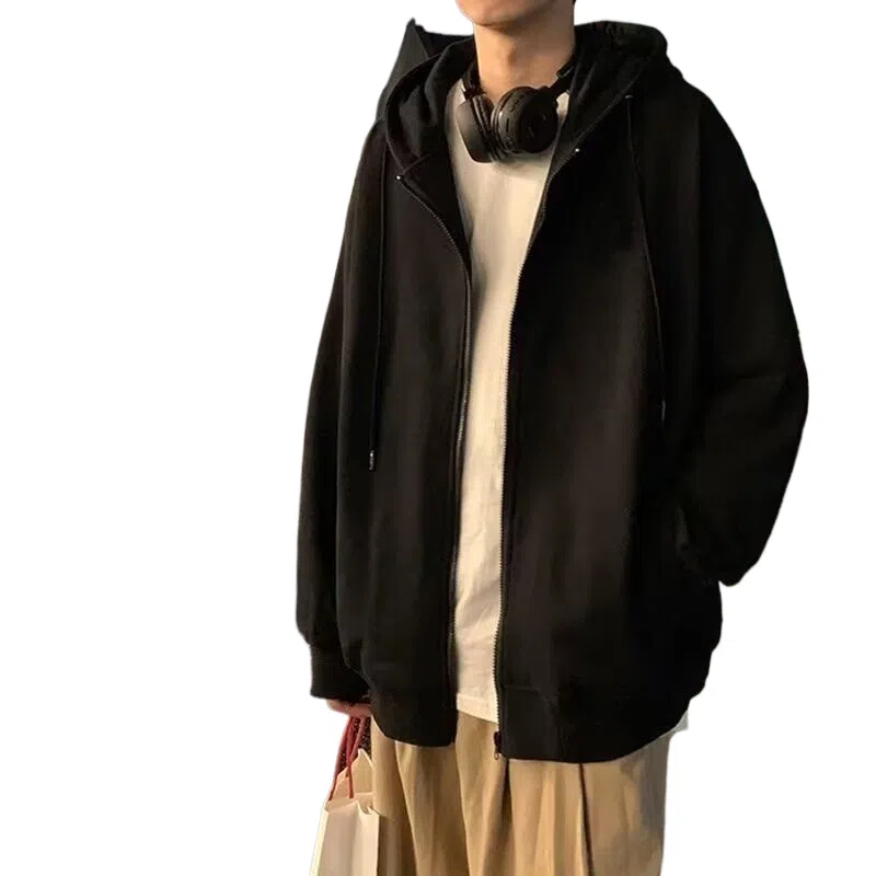 玉儿恋 纯色连帽落肩宽松开衫拉链休闲卫衣 男款