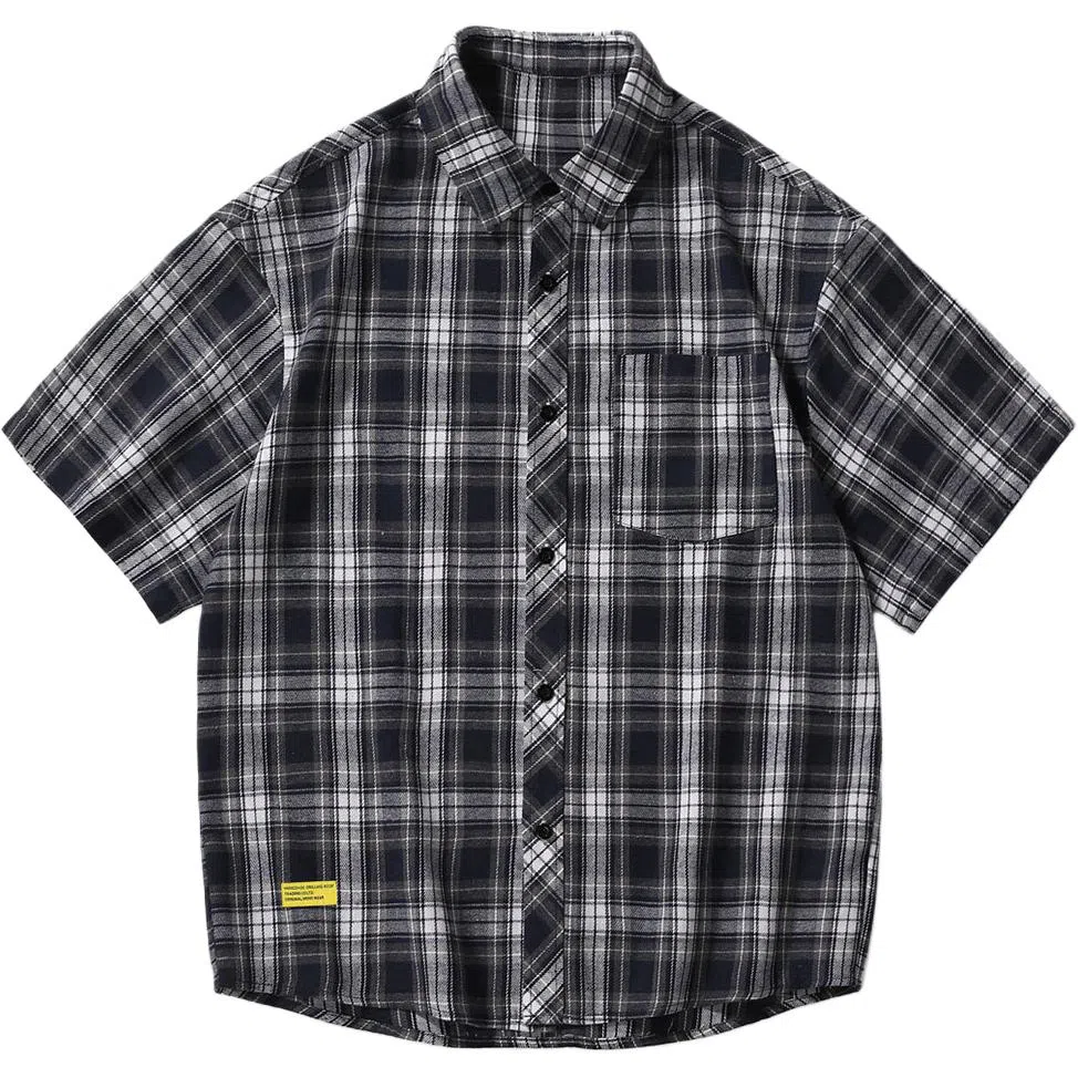 颂希尔 复古格子休闲短袖衬衫 男女同款