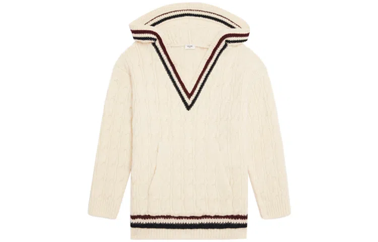 CELINE FW21 Logo Striped Wool Hoodie Beige