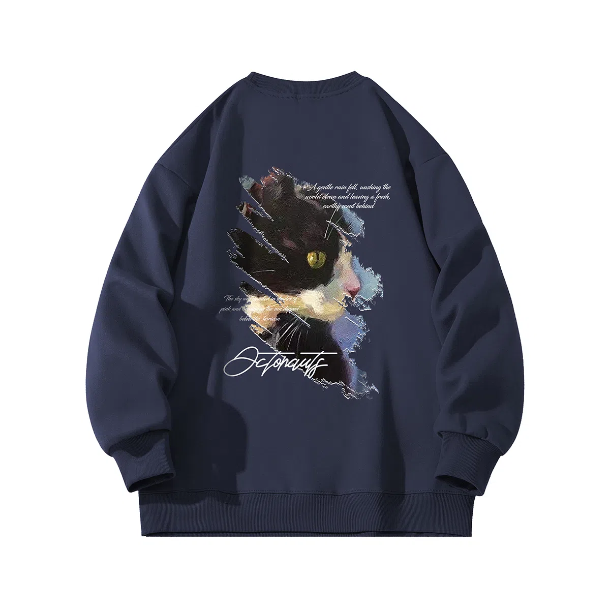 海底小纵队 美式复古猫英文品牌涂鸦印花重磅圆领落肩卫衣 男女同款