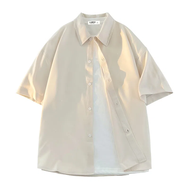 兰缪 美式复古高街风纯色基础款满天星宽松休闲日常百搭通勤学生党圆领重磅短袖衬衫 男女同款