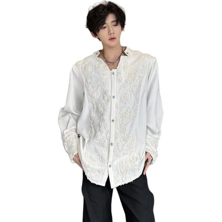 木林森 美式高街复古个性蕾丝立体花卉宫廷刺绣重工奢华感潮流个性百搭文艺风宽松休闲痞帅长袖衬衫 男女同款 白色
