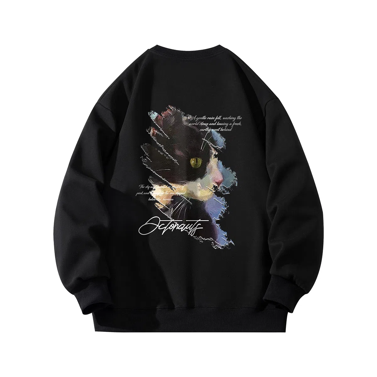 海底小纵队 美式复古猫英文品牌涂鸦印花重磅圆领落肩卫衣 男女同款