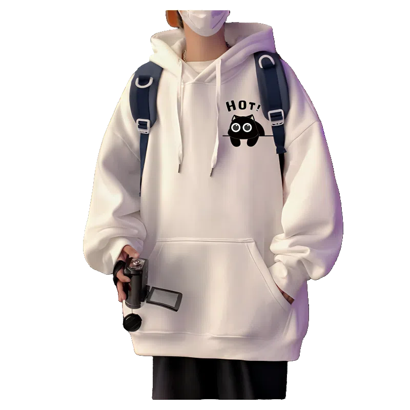 北极绒 连帽纯棉落肩套头美式字母卡通印花简约潮牌宽松卫衣 男