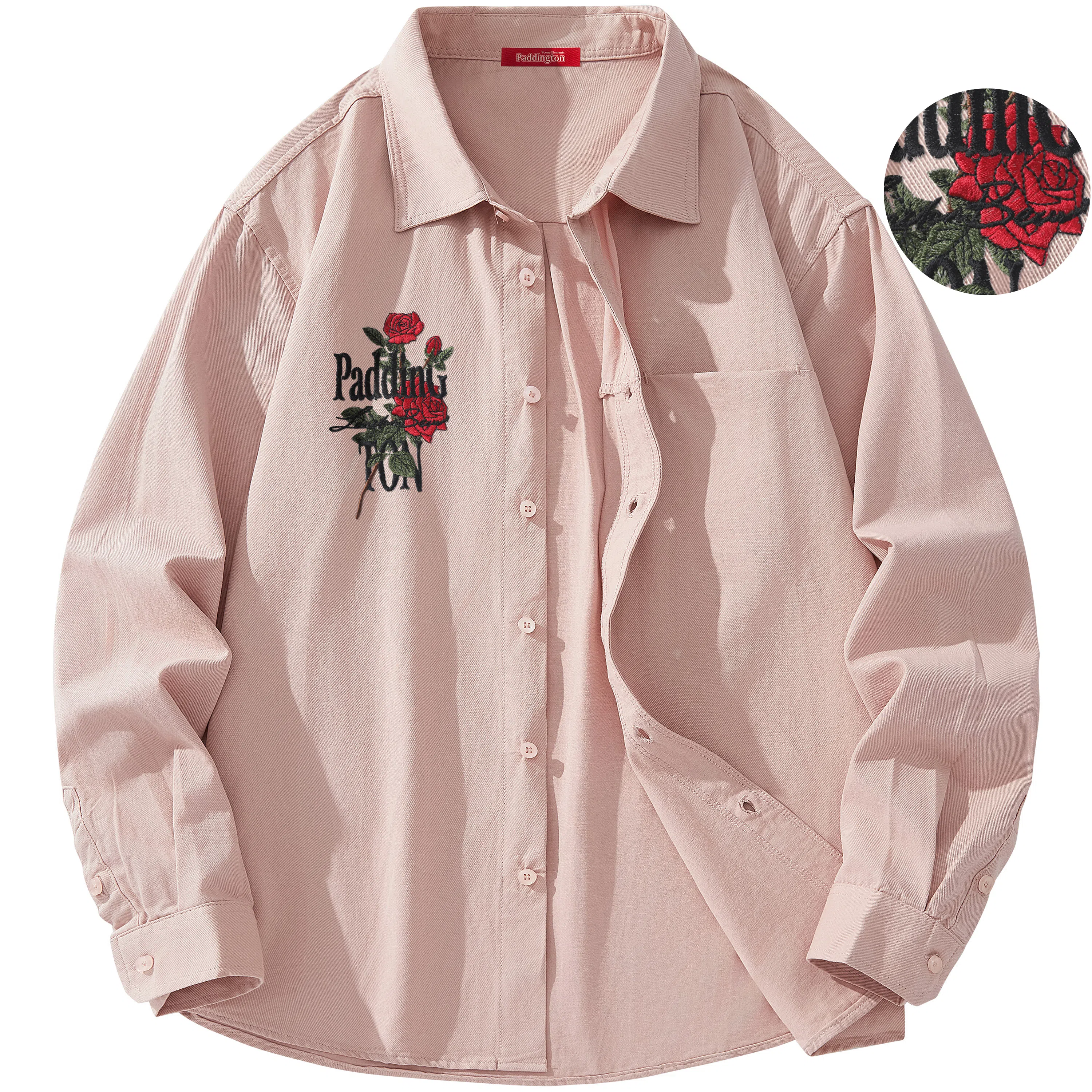 帕丁顿熊 绅士小熊玫瑰花高端万针刺绣休闲潮流百搭美式宽松长袖衬衫 男女同款