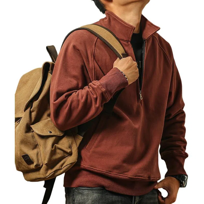 季言 立领保暖抓绒长袖卫衣 男款 砖红色