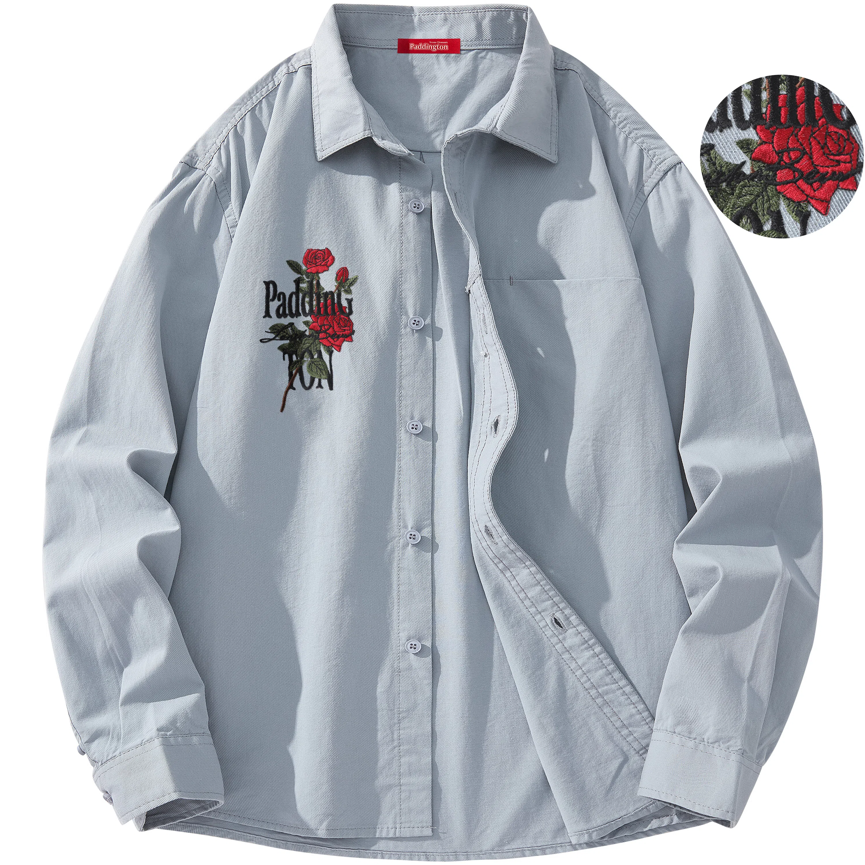 帕丁顿熊 绅士小熊玫瑰花高端万针刺绣休闲潮流百搭美式宽松长袖衬衫 男女同款