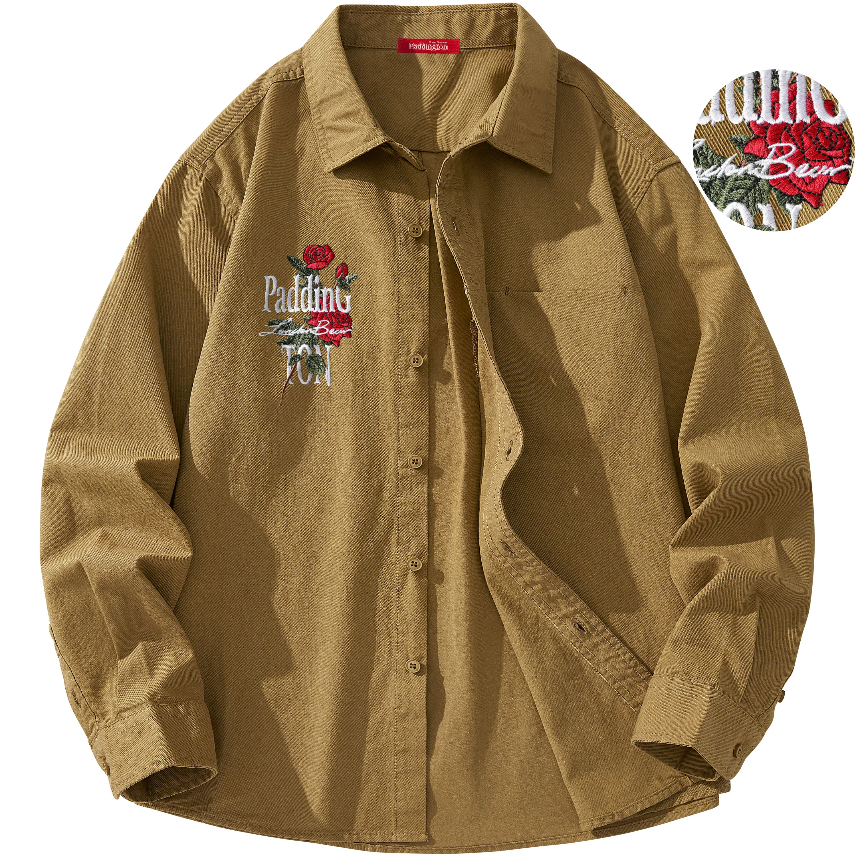 帕丁顿熊 绅士小熊玫瑰花高端万针刺绣休闲潮流百搭美式宽松长袖衬衫 男女同款