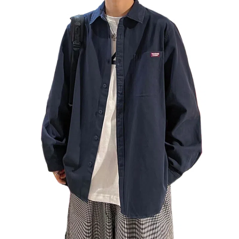 玉儿恋 纯色翻领百搭休闲宽松日系薄款长袖衬衫 男款