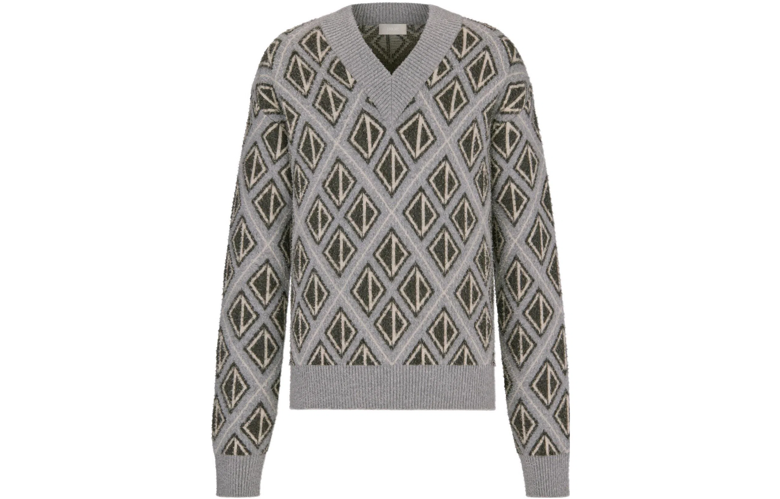 DIOR SS22 Diamond V-Neck Wool Sweater Gray