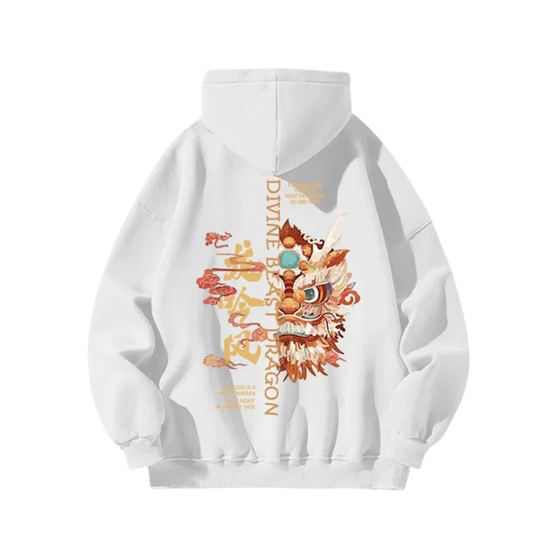 玉儿恋 国潮设计舞狮加绒厚款字母印花连帽落肩百搭宽松卫衣 男女同款