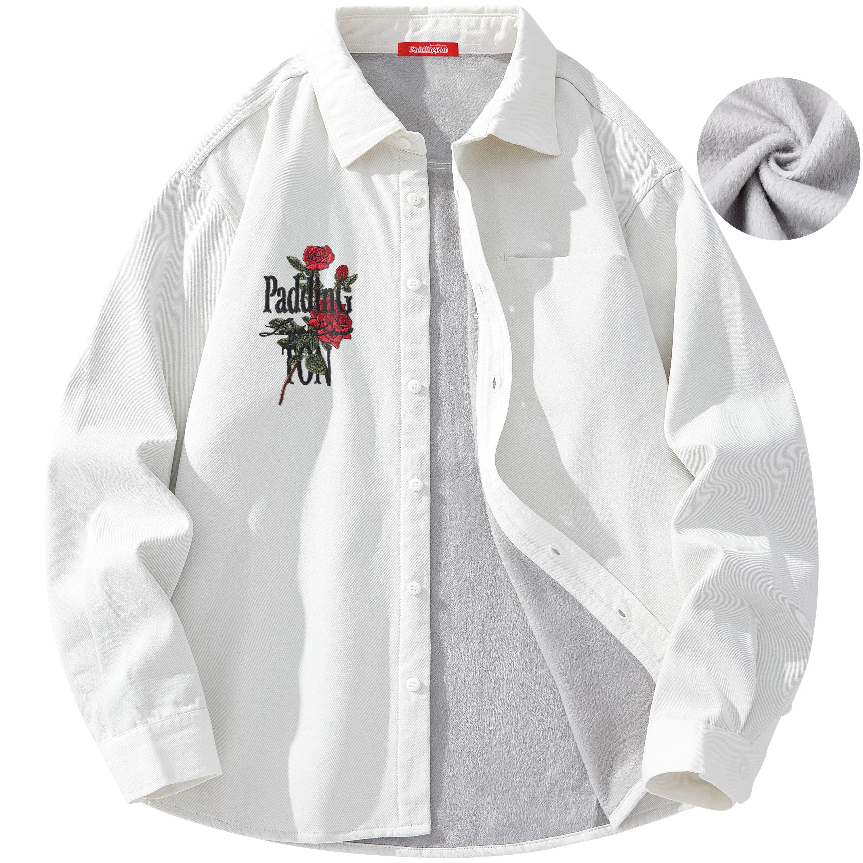 帕丁顿熊 绅士小熊玫瑰花高端万针刺绣休闲潮流百搭美式宽松长袖衬衫 男女同款