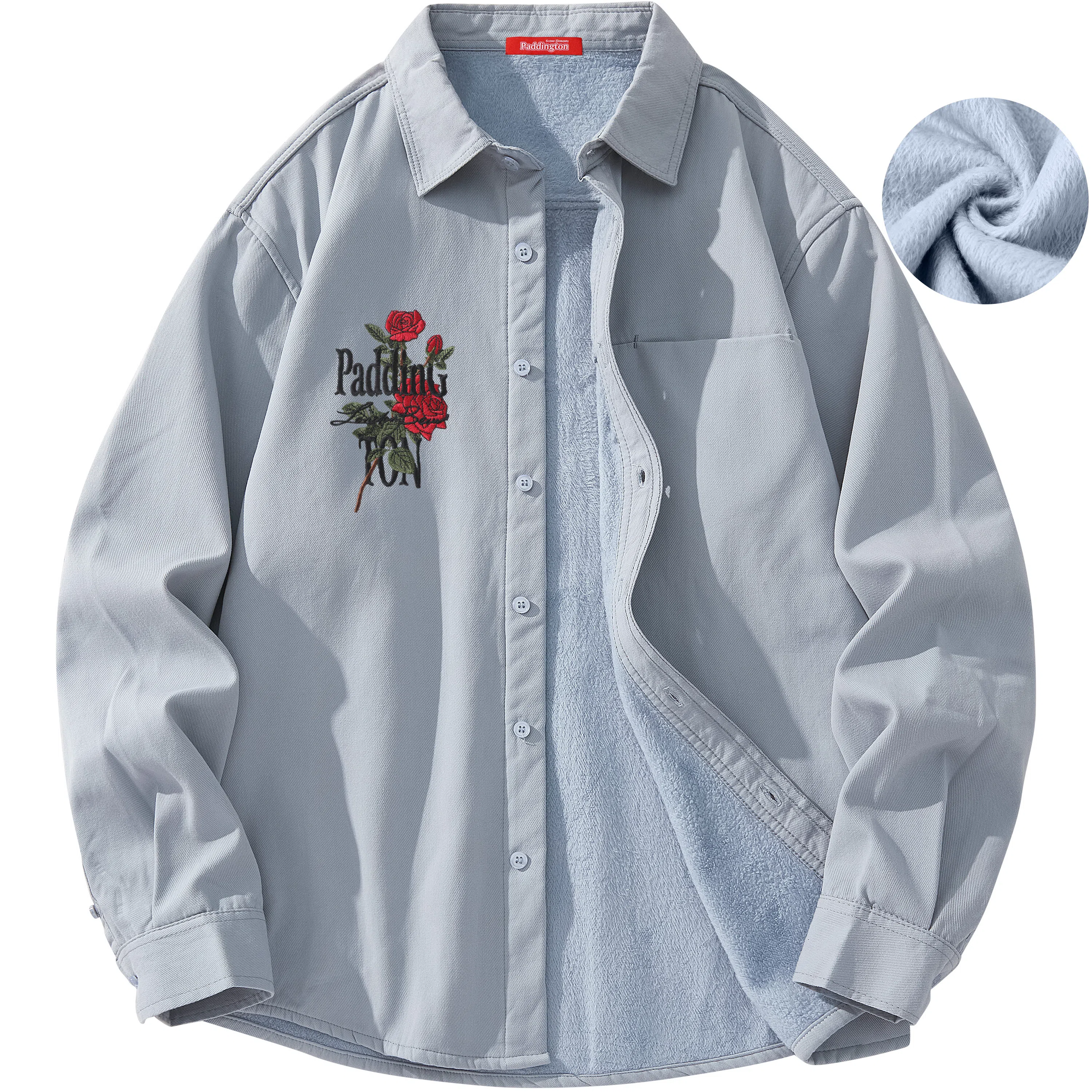 帕丁顿熊 绅士小熊玫瑰花高端万针刺绣休闲潮流百搭美式宽松长袖衬衫 男女同款