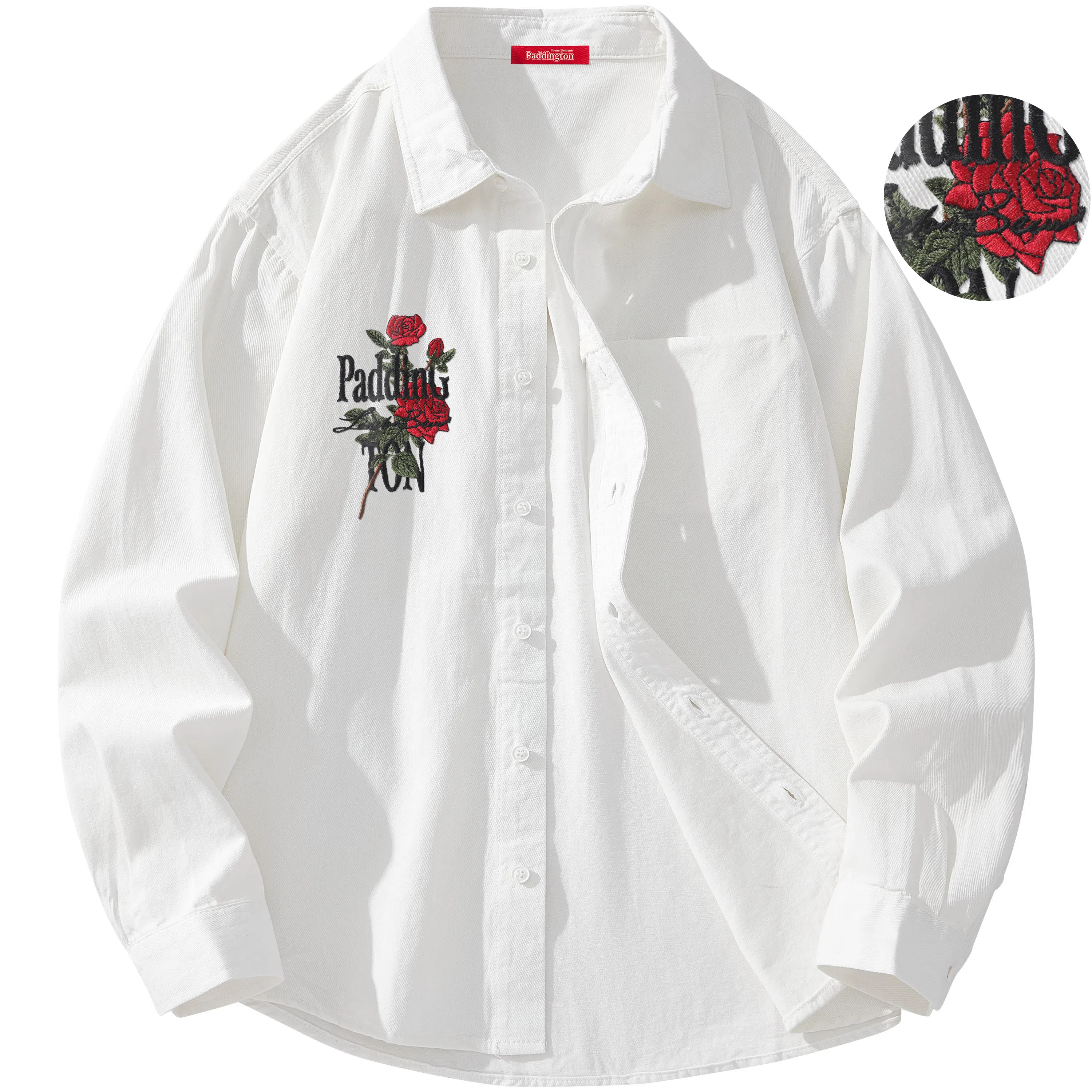 帕丁顿熊 绅士小熊玫瑰花高端万针刺绣休闲潮流百搭美式宽松长袖衬衫 男女同款