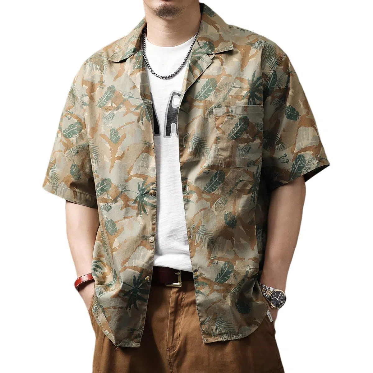 贵色 美式休闲百搭宽松短袖衬衫 男女同款 卡其