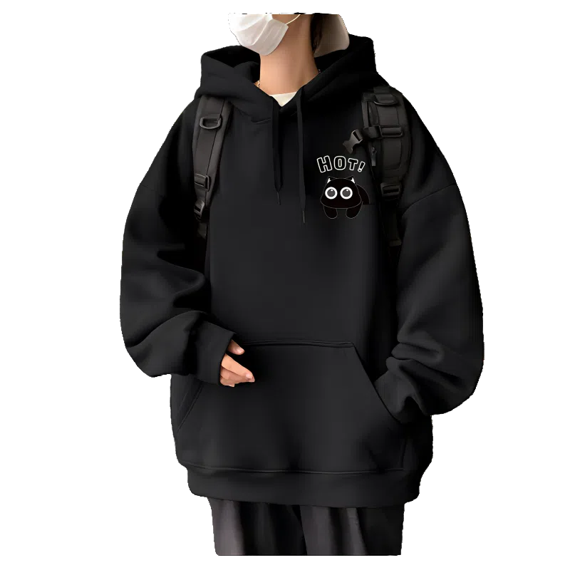 北极绒 连帽纯棉落肩套头美式字母卡通印花简约潮牌宽松卫衣 男