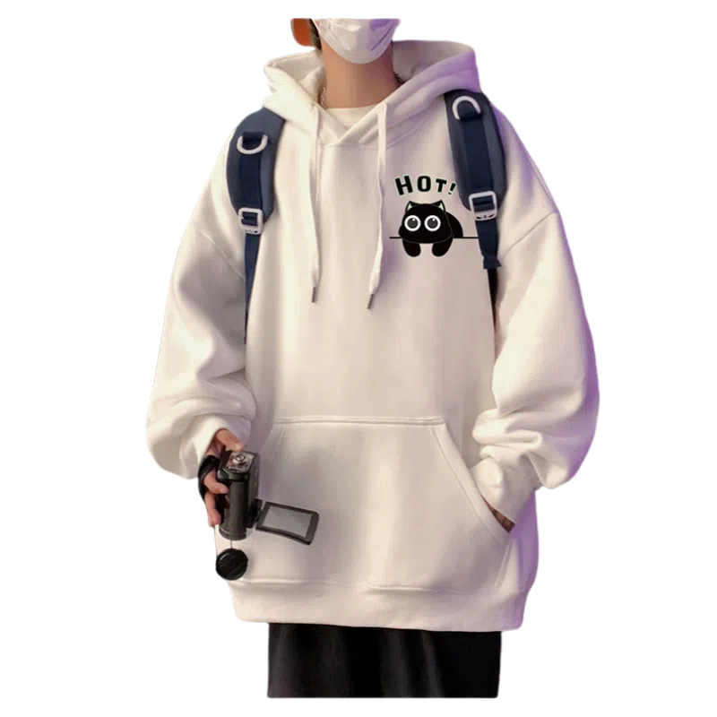 北极绒 连帽纯棉落肩套头美式字母卡通印花简约潮牌宽松卫衣 男