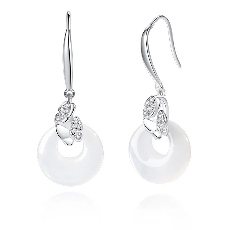 【唯美蝴蝶】 福茹记 梦蝶如玉 小众高级设计感银色蝶舞玉石耳坠 美好浪漫爱情寓意显年轻美丽气质 表白恋爱女朋友 玉髓 耳环 女款