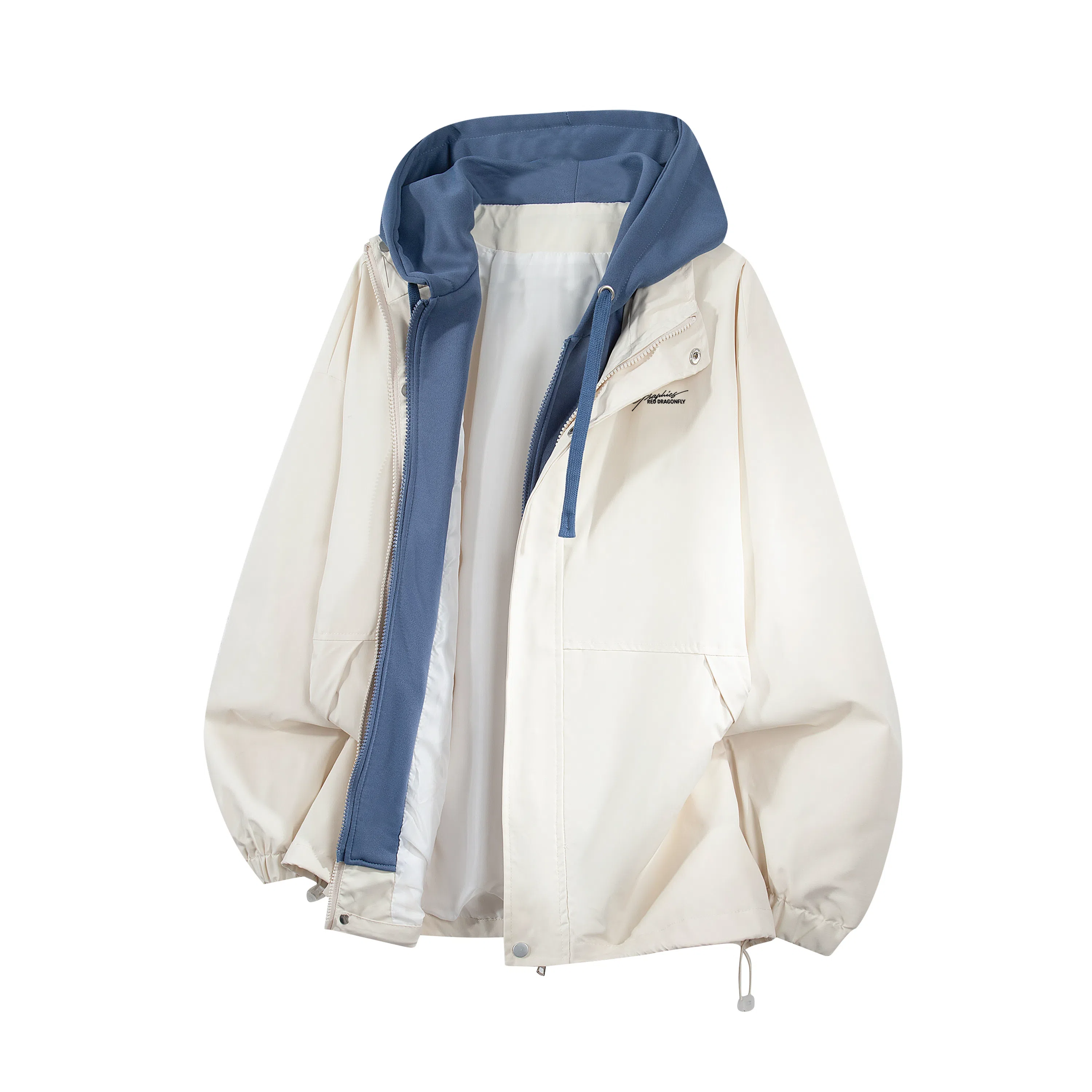 红蜻蜓 美式复古品牌连帽宽松假两件纯色拉链长袖夹克外套 男女同款