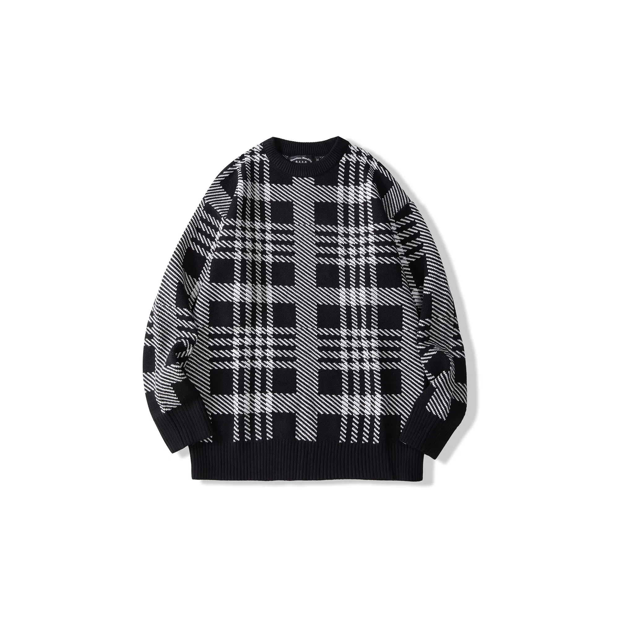 我是大卫 不规则撞色拼接复古格子条纹套头宽松针织衫 男女同款