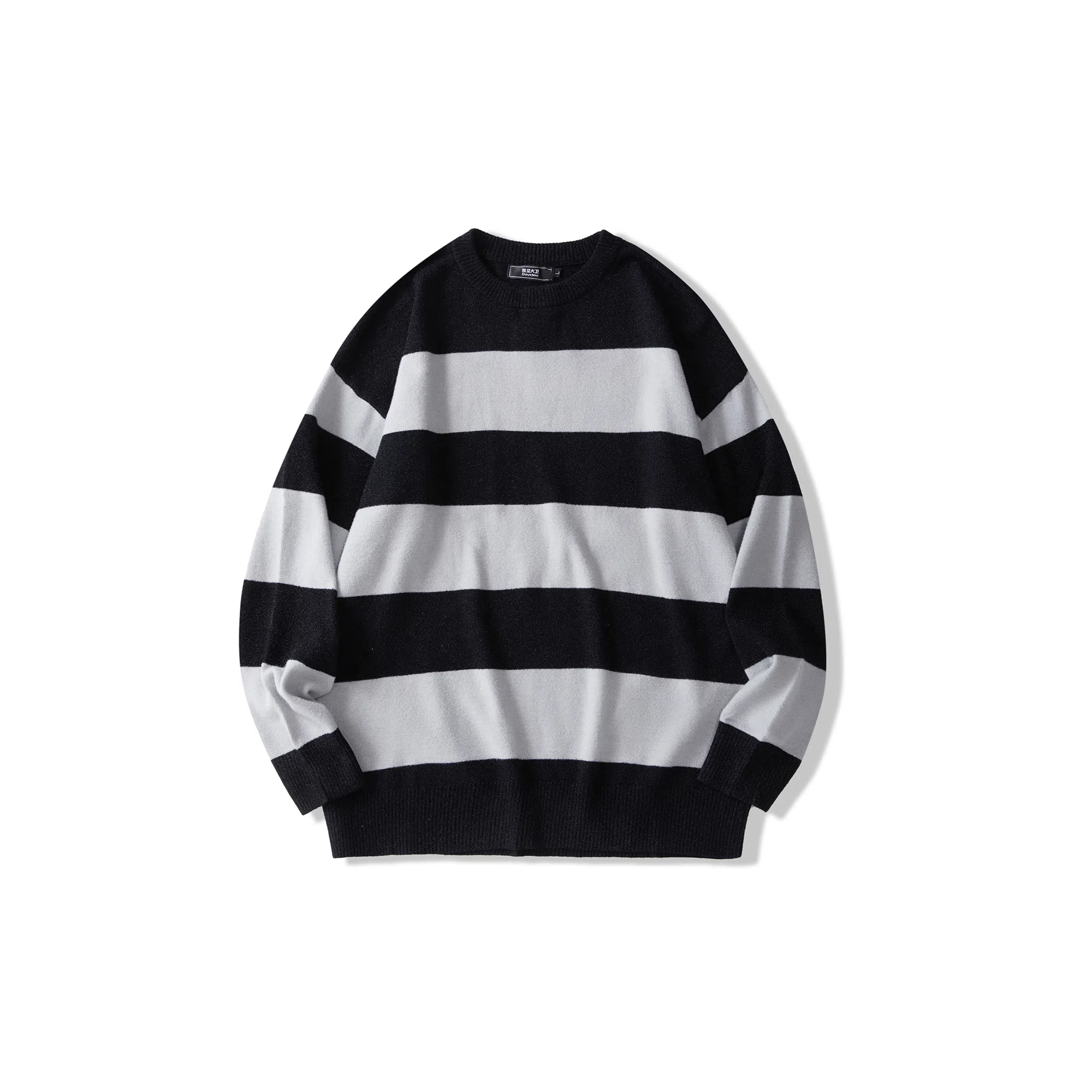 我是大卫 撞色不规则拼接宽松横条条纹落肩套头针织衫 男女同款