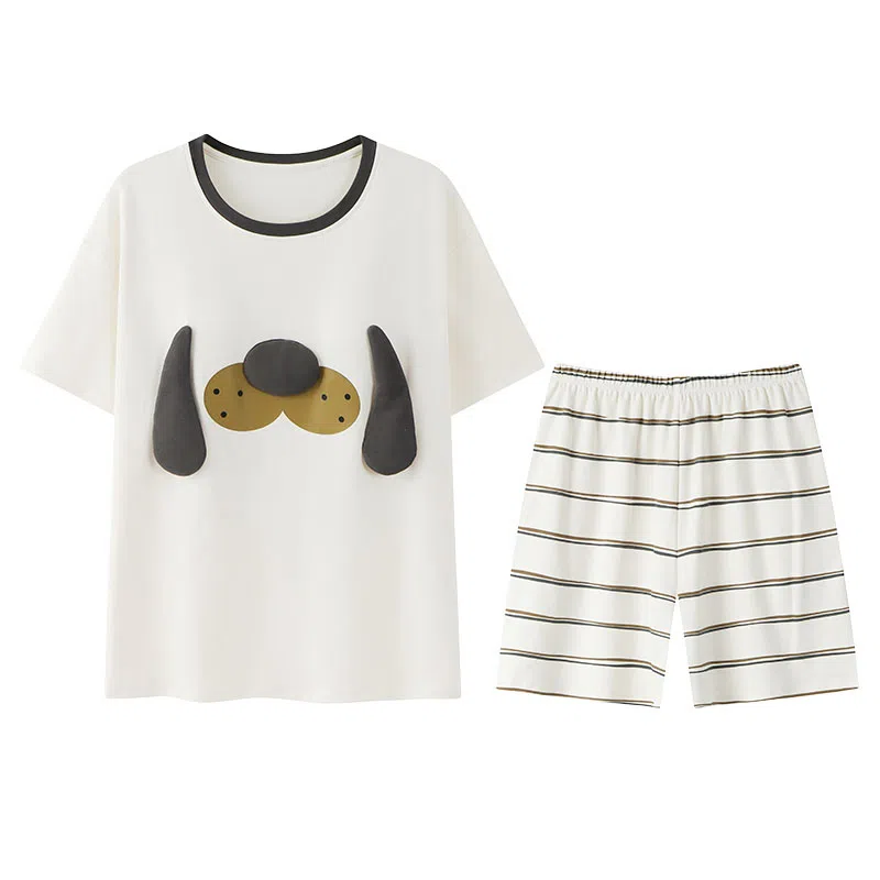 兰缪 纯棉短袖短裤带胸垫甜美学生网红风家居服睡衣套装 女款