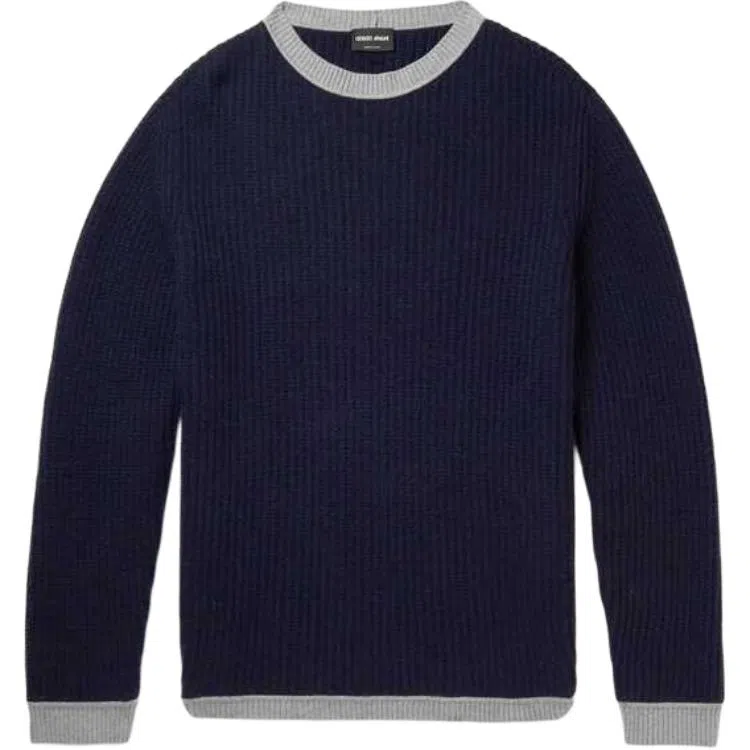 阿玛尼 直筒长袖圆领针织衫 男款 蓝色