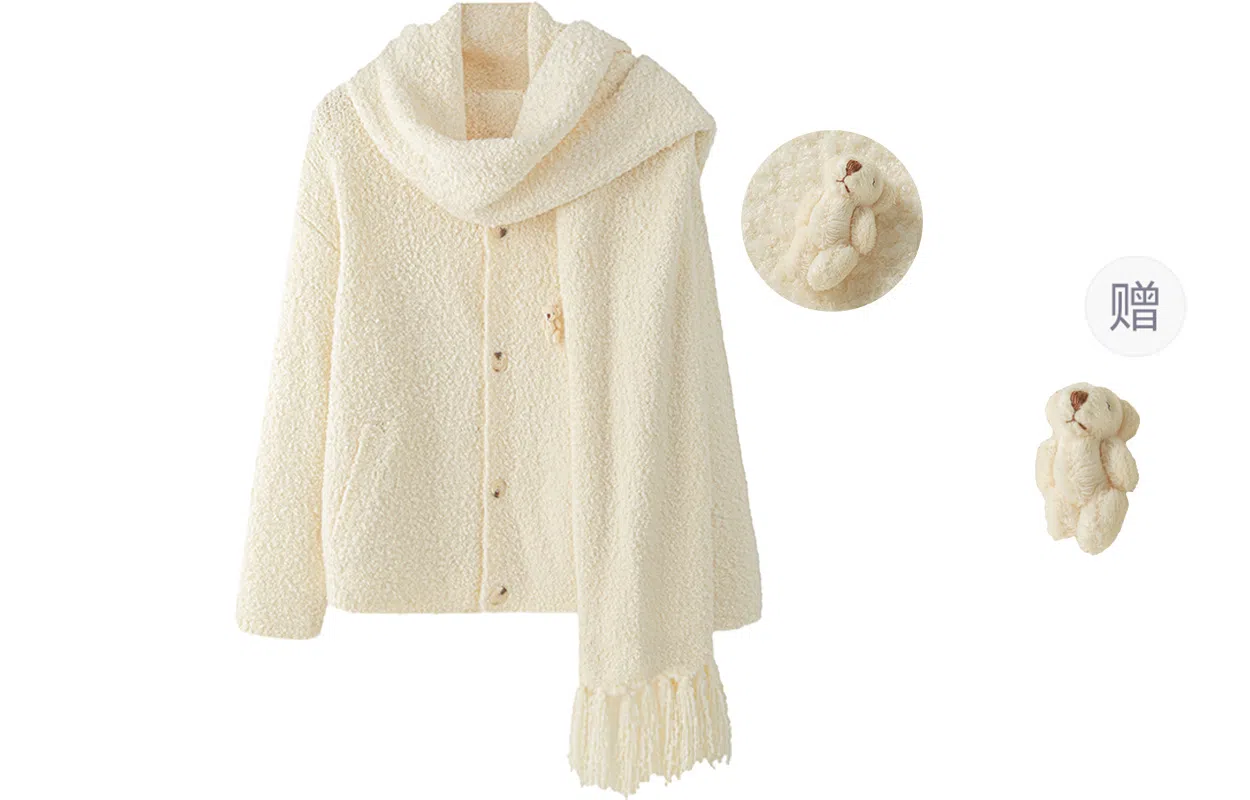 东鲸岁时记 学院风宽松韩系穿搭纯色开衫单排扣指头围巾长袖毛衣 男女同款 米白色