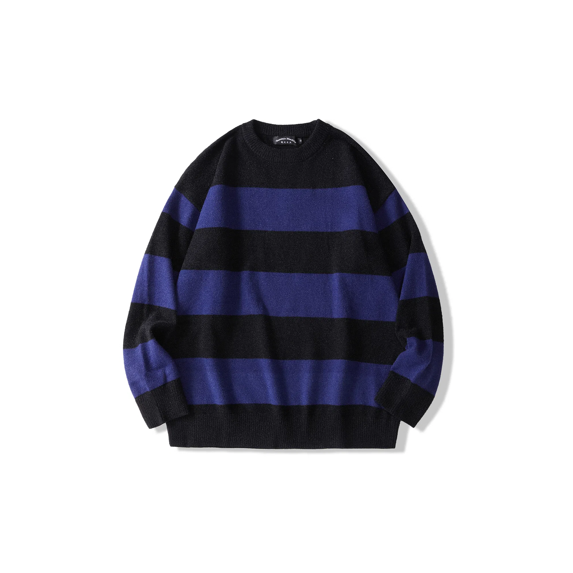 我是大卫 撞色不规则拼接宽松横条条纹落肩套头针织衫 男女同款