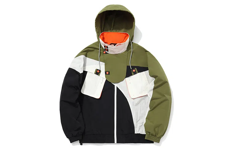 中国李宁 撞色拼接宽松夹克 情侣款 橄榄绿