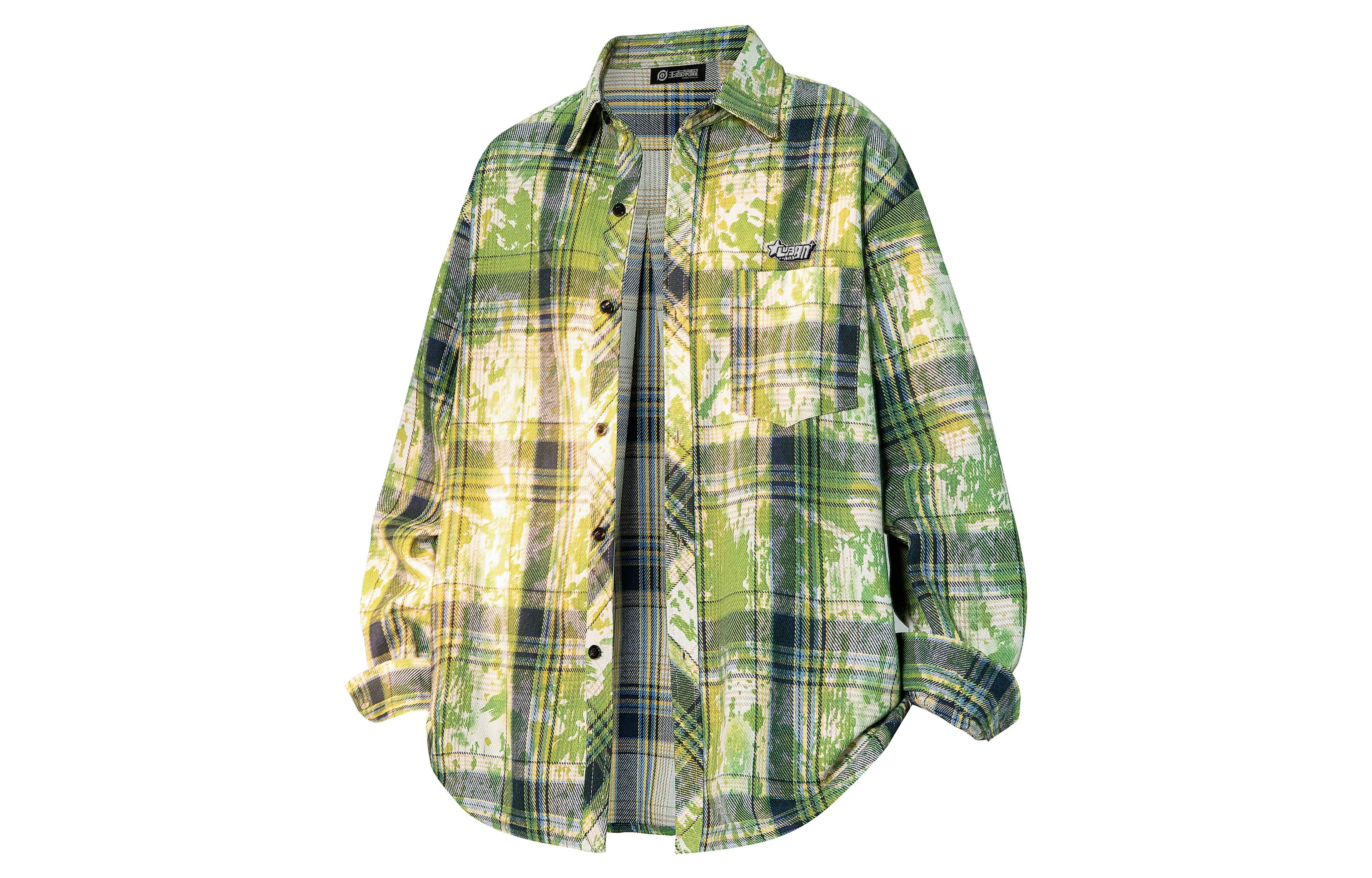 王者荣耀 鲁班七号星空梦想款 美式复古简约撞色字母刺绣口袋多彩斑驳格纹轻薄透气宽松小衫休闲高级感翻领长袖衬衫 男女同款